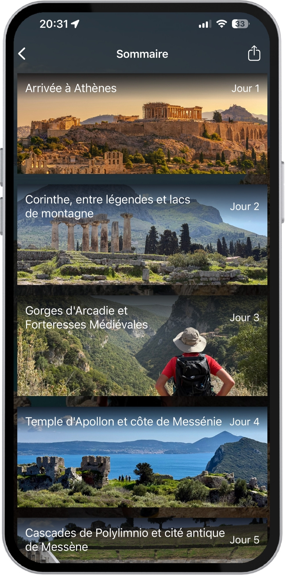 A digital summary of a Greek hiking itinerary featuring Athens, Corinth, and Arcadia on the Hike Greece app