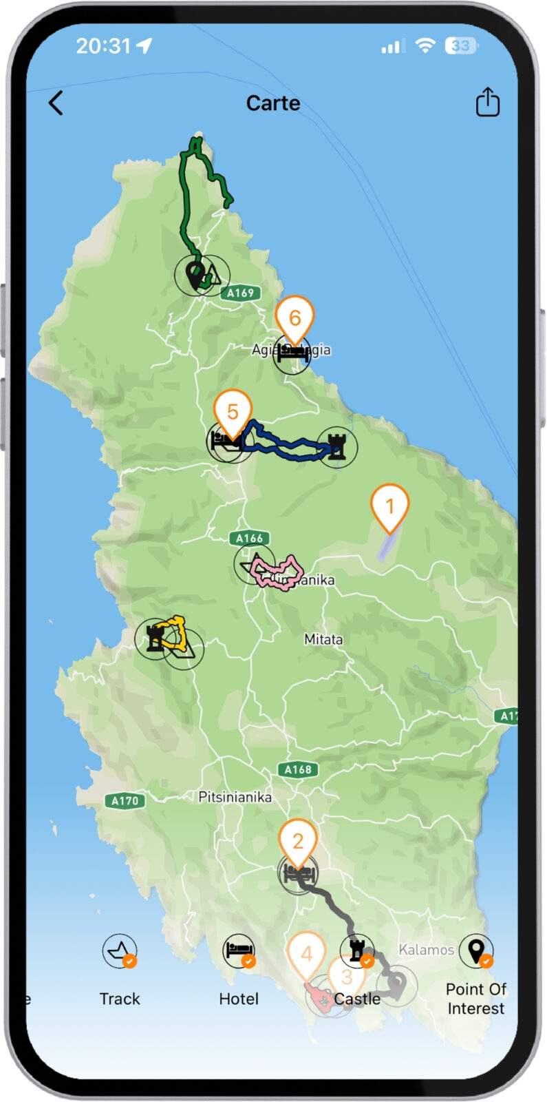 Interactive hiking map of Kythera showing live GPS tracks, hotel locations, and points of interest for self-guided tours.