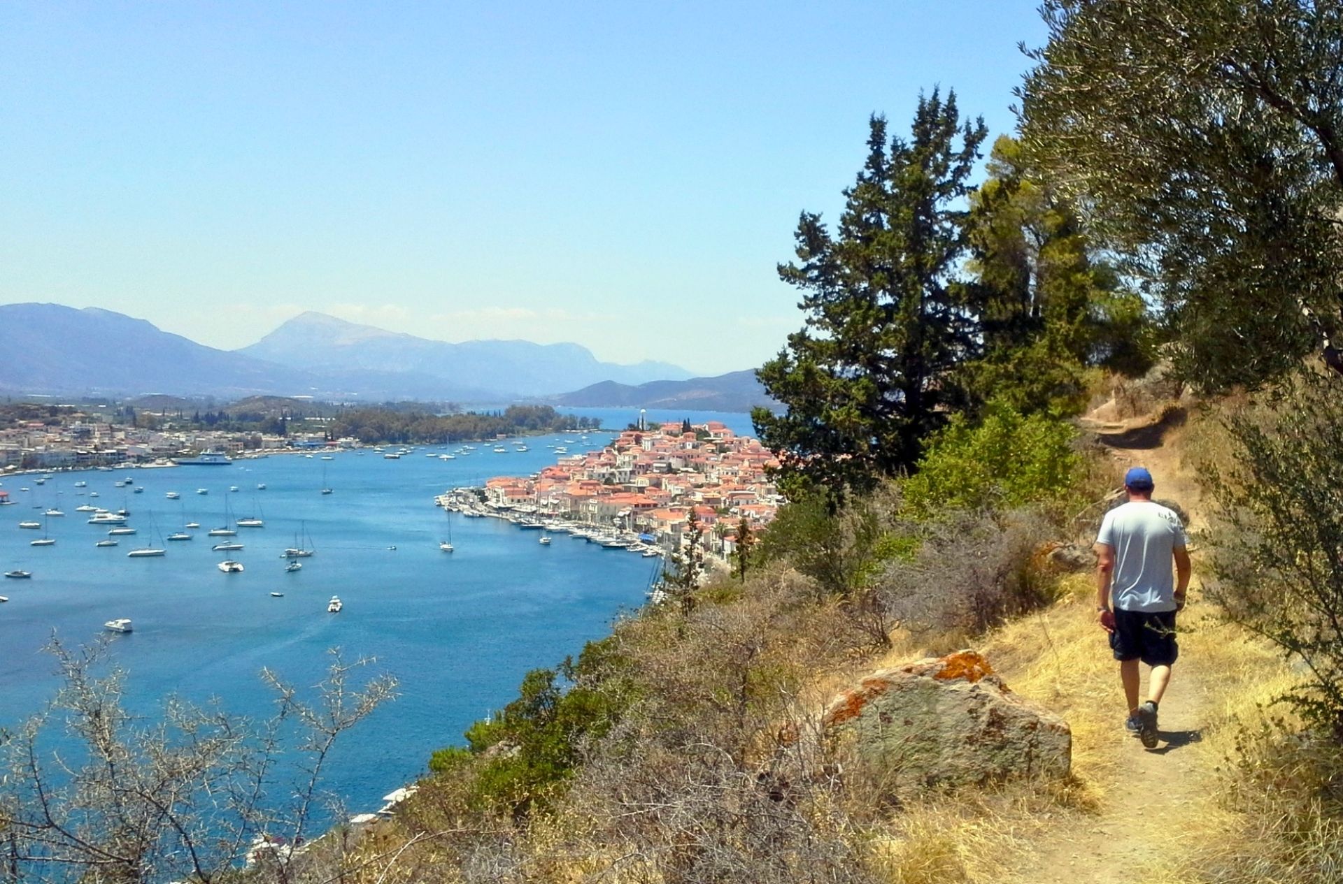 View of Poros bay and town from the hiking trails of Poros and Hydra Hiking self-guided tour.