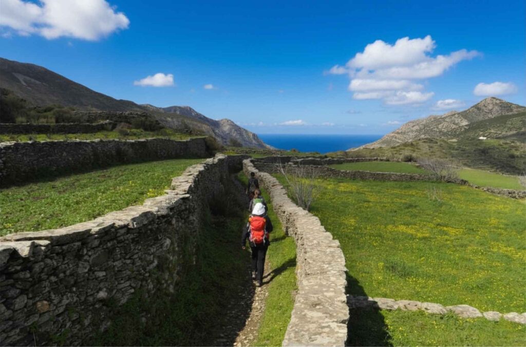 Hikers walking on a built trail with green fields and sea at the background